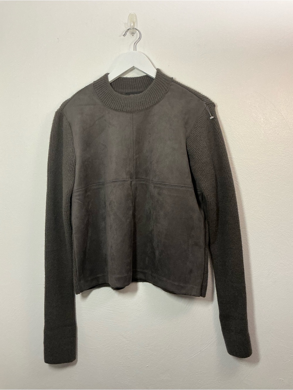 Ann Taylor Dark Gray Faux Suede-Front Crewneck Sweater Size Small